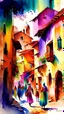 Placeholder: A town of the 13th century in rainbow colours and people Asians, Africans, Europeans, women, men, lgbtq, Aquarell painting, happy, love