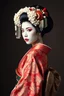 Placeholder: Traditional Japanese Oiran, full body side view, looking at the viewer, white make up on her face, big hair with large hair ornaments, traditional silk brocade Kimono, studio photograph, very aesthetic, highly detailed, brilliant composition, hyper realistic, photorealistic, subsurface scattering matt painting