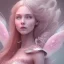 Placeholder: a pink castle, a cheerful fairy in front, big smile, pink, blonde hair, beautiful, whole face, whole top hair head, wide open blue eyes, transparent wings onn the back, hyperrealism, masterpiece, expert, cinematic lighting, sharp focus, 8K, pastel, macro lens, woman, detailed, flower