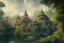 Placeholder: a tudor house on a hillside surrounded by jungle with a pond, blue sky, cinematic view, detailed architecture, concept art, high detail, well lit, volumetric lighting, volumetric clouds, godrays, vivid, trending on artstation, by jordan grimmer, art greg rutkowski