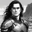 Placeholder: A portrait of Joaquin Phoenix in his early 30s, long beachy haircut, black hair, on a rocky island, in ebony armor from Skyrim, melancholic and dangerous facial expression, half-smiling, drawn in the style of ink manga sketch