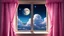 Placeholder: A vintage window frame with a soft pink curtain pulled aside, uncovering a surreal panorama of fluffy clouds illuminated by a gigantic moon, with shooting stars scattered across the sky.