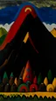 Placeholder: A dark brown mountain with golems designed in Kuna molas painted by Alexej von Jawlensky