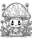 Placeholder: cute kawaii little mushroom person, colouring book page. simple and clean line art, children drawing book. Black and white only, crisp black lines, sharp lines, simple colouring page for adults, cartoon style, forest bushes background, black and white picture, lots of details, , Watercolor, trending on artstation, sharp focus, studio photo, intricate details, highly detailed, by greg rutkowski