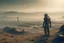 Placeholder: An android like in Blade Runner on a hill, terrain cracked by drought, in the background a demolished and abandoned city, further back a sandstorm, warm tones, 16K, real photography