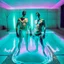 Placeholder: Nickolas MulLen and his boyfriend are standing above thier pool showered spa heater while in tight loincloths and Nickolas is flexing there muscles while illuminated by the ambient teal glowing on the glowing marbled floor made of long flat marble slabs, the ground next to the clinical yard is in the style of primitive art. metalworking mastery, fawncore, the immaculately composed quality of this photo shows the artist was taken with provia, detailed wildlife, isaac grünewald, rustic simplicity
