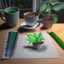 Placeholder: A High resolution photograph with soft lightning, of a a4 size drawing on a table next to two colored pencils. A green plant in a pot in the left top corner, a cup of coffee in the right top corner.