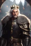 Placeholder: Male Tan Human, White Hair, Handsome Face, Wearing A Magical Crown, Black Heavy Armour, Dark colours theme, Dark Background, Paladin Greatsword Strapped to his Back