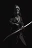 Placeholder: female ghost wielding a katana in one hand, dark style