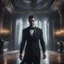 Placeholder: Hyper Realistic close-up-view-of-handsome-muscular-man-in-black-tuxedo dancing with a female-ghost inside a super-dark-fancy-hall-of-a-mansion with creepy flying-ghosts behind showing dramatic & cinematic ambiance