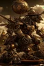 Placeholder: steampunk warrior robot with a big, complicated and detailed mechanical sword fighting in a battlefield with steampunk ships and planes in the background. Masterpiece, hyper detailed, details, battlefield, dramatic, dramatic lighting
