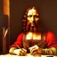 Placeholder: leonardo da vinci works in his study on a laptop at his desk. painting in photoshop. hyperdetailed, warm colors, movie poster, photoillustration, oil on canvas, lens flare