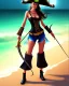 Placeholder: pirate girl, wearing a pirate hat, black hair, beach background