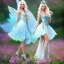 Placeholder: Fantasy fairy with transparent wings, smiling, make up, long platinum blond hair with crown and flowers, blue dress, flower background