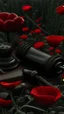 Placeholder: A wooden judge's gavel engraved with Tatiana's name. Next to a black pistol and two black leather gloves. Placed in a field filled with red poppies.. Dark garden background. Dark garden background cinematic.