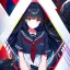 Placeholder: Clear focus, High resolution, long black fluffy hair, red eyes, chopped bangs, wearing a sailor uniform, wearing a sailor skirt, colorful, hollywood, female, human, mortal, thin legs, no outlines, extreme close up