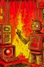 Placeholder: Fire starts in a radio studio, there are two characters, a metal fan radio host who continues the show, the robot sets fire.