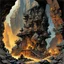 Placeholder: Underground Dwarf mine with massive smoking forge, blacksmiths toiling over anvils, scaffolds, dramatic maximalist stature of dwarf king carved into rock formation, by Frank Frazetta, by Boris Valejo, By Brian Bolland, fantasy, masterpiece, expansive and vast underground kingdowm, dark rich colors, detailed ink illustration, perfect coloring, smooth.