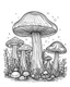 Placeholder: mushroom world minimalistic landscape. line art, background, vector, svg, coloring book page style, black outline on white background