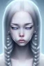 Placeholder: Crying girl, sad, expressive, emotive, frowning, furrowed eyebrows, pouting lips, light blue skin, white long flowing hair