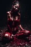 Placeholder: Petit weird woman with many guts from his body, sit pose, fullbody, splashes blood, behind guts rising from the ground, darkred tones, macro photography,