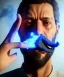 Placeholder: Realistic image, a guy making the fuck you gesture with his hand, blue smoke coming out of his eyes, nose and mouth. soft color, highly detailed, unreal engine 5, ray tracing, RTX, lumen lighting, ultra detail, volumetric lighting, 3d, finely drawn, high definition, high resolution.