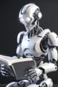 Placeholder: robot reader holding a book, hyper-detailed 8k