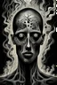 Placeholder: A surreal, painful and symbolic portrait of a human being slowly consumed by living darkness. Pale human skin, hollow face with empty black eyes, expression of painful realization. The darkness is not just shadow but a living entity emerging from the mind itself, abstract shapes and impossible forms rising like smoke from the depths of the subconscious. The shadows crawl across the face and body, devouring identity.