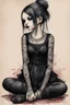 Placeholder: Petit girl goth many tattoos on his body, siting, fullbody, watercolor illustration by <John Kenn Mortensen>, darkred tones,