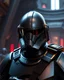 Placeholder: star wars bald male corellian pilot wearing pearlescent black and gunmetal grey First Order special forces heavy assault stealth commando armor and helmet with mirrored visor and gold and metallic red trim inside the jedi temple, hyperdetailed, dynamic lighting, hyperdetailed background, 8k resolution, volumetric lighting, light skin, fully symmetric details