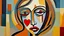 Placeholder: Abstract painting of a woman with a broken heart. Abstract art that does not represent an accurate depiction of visual reality, communicating instead through lines, shapes, colors, forms and gestural marks, perfect composition, cubism style