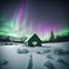 Placeholder: analog film minimal liminal icy a frame dimly lit cabin front elevation squared off and centered with icy trees behind and brilliant purple green aurora borealis - foreground is simple snowy field