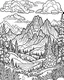 Placeholder: Cute cartoon coloring page , colors inside , black and white outline in cartoon style , leaves outline in background outline art for adults coloring book a line drawing no grey color drawing with pen outline art for adults coloring book,A majestic mountain landscape with the first rays of sunlight illuminating the snow-capped peaks, with shimmering lakes in the foreground and a pine forest below." white background, sketch style, only outlines used, carto