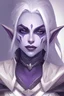 Placeholder: Dungeons and Dragons portrait of the face of a female drow rogue with pale armor, dark purple skin, happy expression and white hair