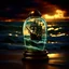 Placeholder: view of turbulent swells of a violent ocean storm, inside a glass bottle on the beach ม dramatic thunderous sky at dusk at center a closeup of large tall pirate ship with sails, breaking light, photo, 3d render