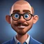 Placeholder: a portrait of western man. caricature. brown bald hair. light skin. blue eye pupils. rectangle eyeglasses, black frame. heart face shape. has a lot of goatee. wear blue formal dress. pixar style. 3D. 4k. portrait. highly detailed. sharp focus. high resolution. full color. cinema lighting