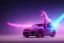 Placeholder: one glowing unicorn in a car in space,unicorn has carrot in mouth . nebula in the backround,