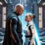 Placeholder: a bold and heroic bald male Corellian pilot in black and metallic grey First Order special forces gear meets a female Jedi Master in ancient, mystical temple, hyperdetailed, dynamic lighting, hyperdetailed background, 8k resolution, volumetric lighting, light skin, fully symmetric details