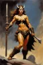 Placeholder: frank frazetta oil painting of the actress Elizabeth Olsen as a female barbarian