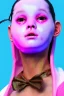 Placeholder: Ultra Realistic image, Rosalía artist, natural body ,portrait, normal complexion, portrait, clean skin, two bows, little chopsticks hair , black eye long line, sweet face, t-shirt with holes, inflatable open coat, gold pink and blue style, spray line glow, big geometric led jewelry, fog, hot, inflatable style latex coat, vibrant color, highly detailed, art stations, concept art, smooth, unreal engine 5, god rays, ray tracing, RTX, lumen lighting, ultra detail, volumetric lighting, 3d.