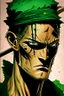 Placeholder: A comic portrait of Zoro, from che One Piece anime
