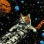 Placeholder: Space stars with rocket and cat astronaut animated, style of Neal Adams