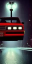 Placeholder: A 1990s car standing in front of a red traffic light, empty street, Cairo, 1990s, night time, rain, winter, movie scene Nick Harris style