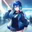 Placeholder: Clear focus,High resolution, Vibrant short blue hair, Vibrant blue eyes, Wearing a short skirt, Wearing a jacket, Wearing headphones