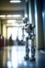 Placeholder: aging robot looking old, walking down hospital corridor with a walker, zeiss prime lens, bokeh like f/0.8, tilt-shift lens 8k, high detail, smooth render, down-light, unreal engine, prize winning