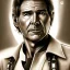 Placeholder: stunning photo realistic detailed head to waist portrait of harrison ford as han solo in star wars with photo realistic short hair, brown eyes,by Cindy Sherman, Sharp focus, weathered skin,space jacket from star wars,