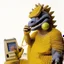 Placeholder: Godzilla as an egypt pharaoh muppet kawaii calling phone using a cellphone nokia, studio photo. Magazine 1980