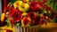 Placeholder: A vibrant and colorful floral arrangement featuring a variety of red, orange, and yellow flowers, including roses, chrysanthemums, and other blooms. The flowers are arranged in a woven basket or container, set against a lush, textured background of green foliage and additional flowers