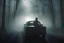 Placeholder: beard guy detective drives in a misty dark forest at night with strange light in the mist, Guillermo del Toro movie still