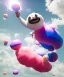 Placeholder: Ultra realistic speed clouds sky scene, wide angle view, sweet women falling down, inflatable color clothing, free jumping flying, many trinkets, hair monster. many jelly beans, balls, color smoke, smile, happy, circus style, extreme, wind, 20,000 feet altitude, stratosphere, soft color, highly detailed, unreal engine 5, ray tracing, RTX, lumen lighting, ultra detail, volumetric lighting, 3d, finely drawn, high definition, high resolution.